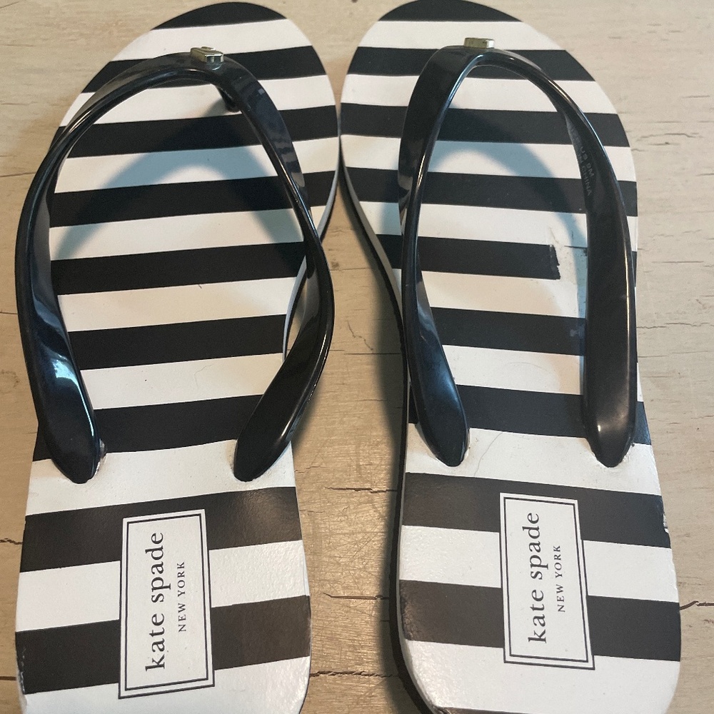 Kate Spade black and white striped flip flops